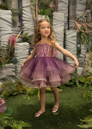 Beaded Purple Tulle Knee Length Heart Back Flower Girl Dress